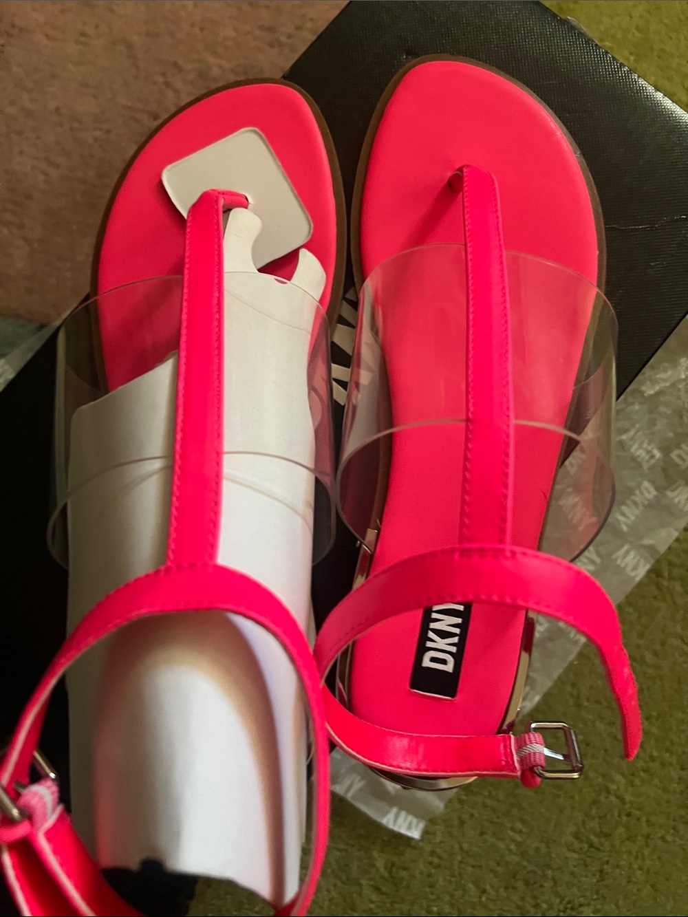 DKNY Neon Pink Clear-Strap T-Strap Sandals